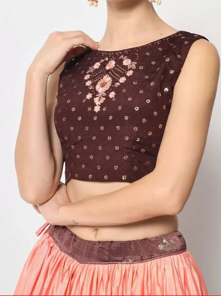 Tanned Brown Foil Printed Silk Festive Wear Lehenga Choli