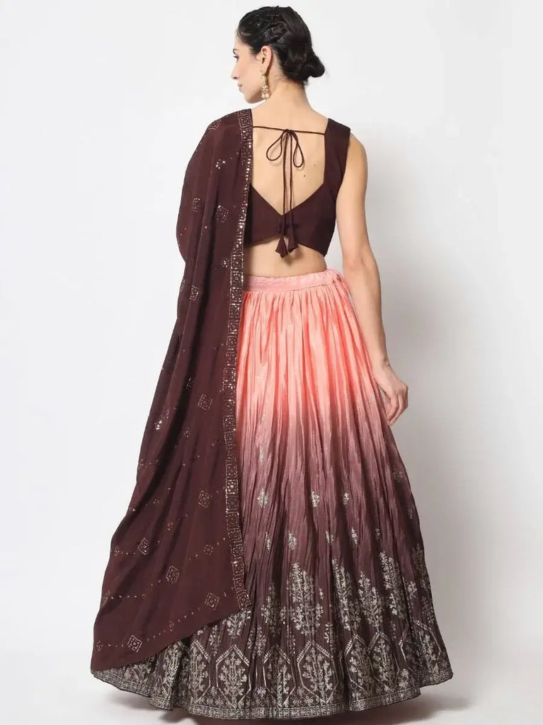 Tanned Brown Foil Printed Silk Festive Wear Lehenga Choli