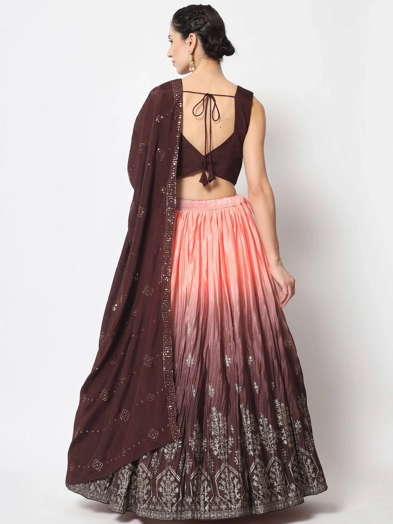 Tanned Brown Foil Printed Silk Festive Wear Lehenga Choli