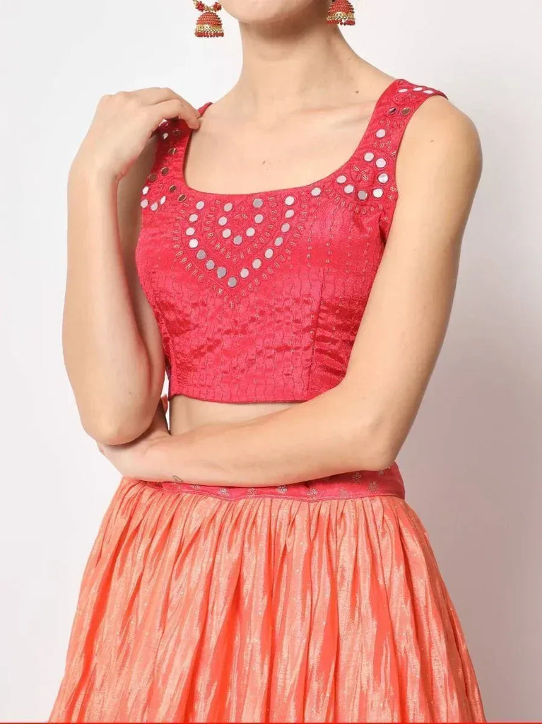 Red mirror-work crop top with orange lehenga, ethnic Indian wear for women