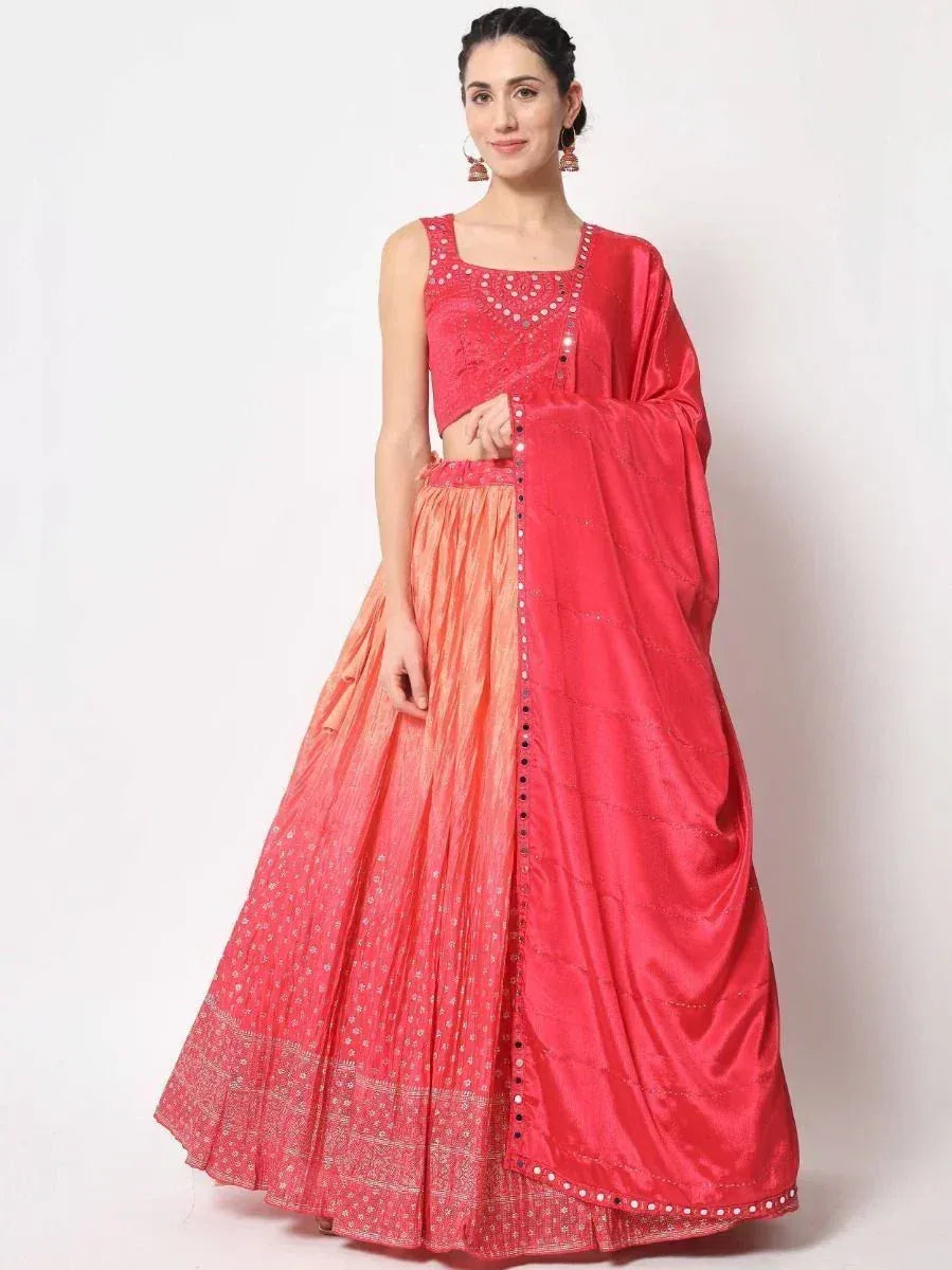 Pink embroidered lehenga choli with mirror work and dupatta, Indian ethnic wear for women