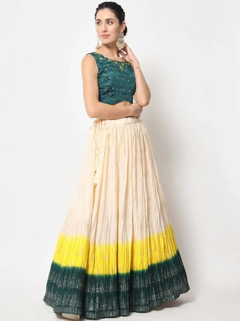 Attractive Beige Foil Print Silk Festive Wear Lehenga Choli With Dupatta