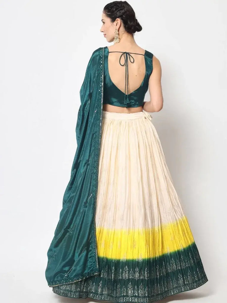 Attractive Beige Foil Print Silk Festive Wear Lehenga Choli With Dupatta