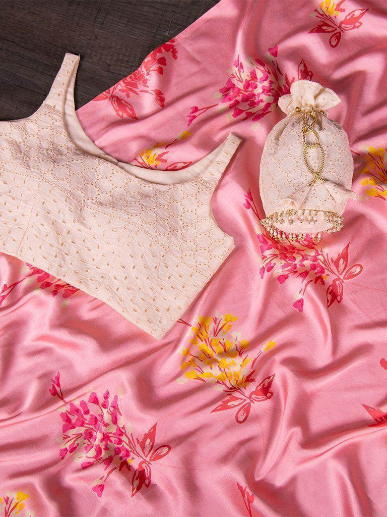 Pink Digital Print Satin Saree With Readymade Lucknowi Blouse