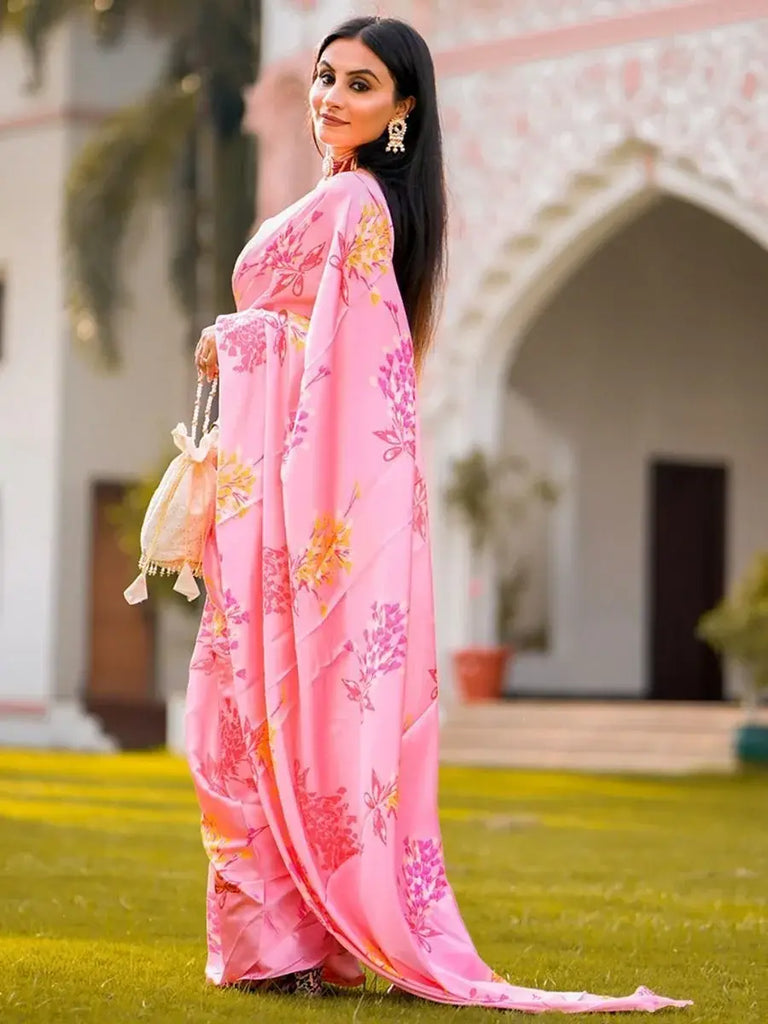 Pink Digital Print Satin Saree With Readymade Lucknowi Blouse