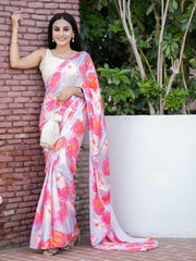 Sky Blue Shaded Digital Printed Silk Saree With Readymade Lucknowi Blouse