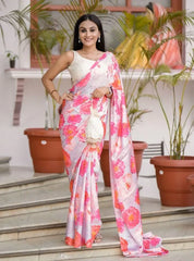 Sky Blue Shaded Digital Printed Silk Saree With Readymade Lucknowi Blouse