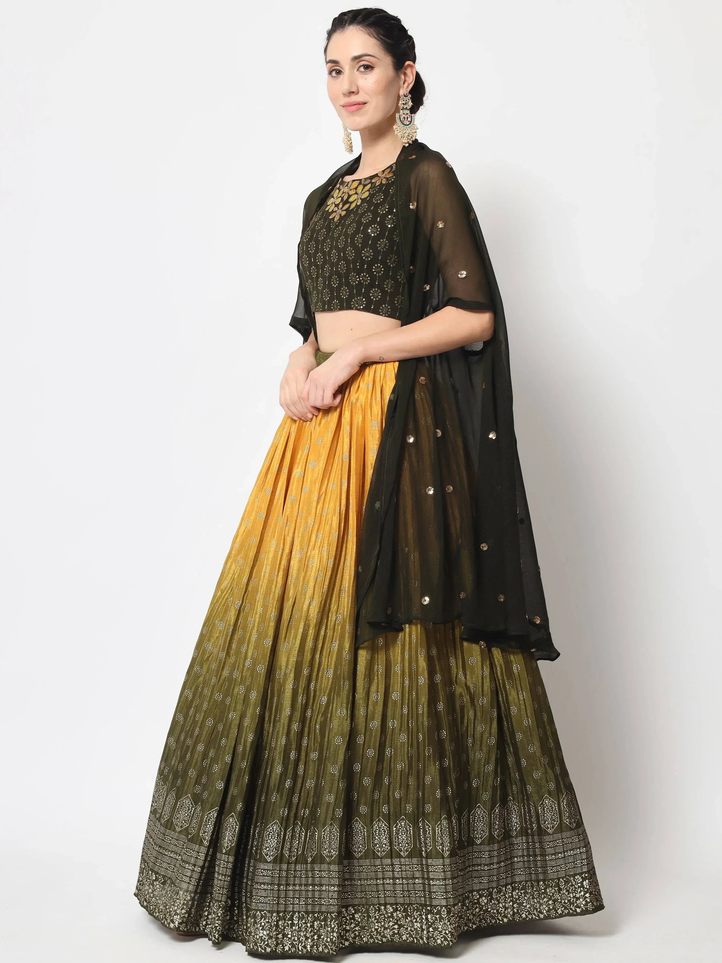 Ornate Olive Green Foil Printed Silk Lehenga Choli With Shrug