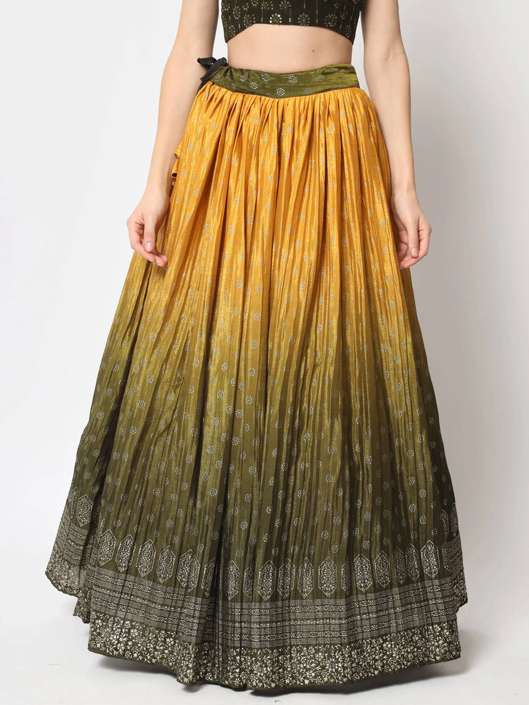 Ornate Olive Green Foil Printed Silk Lehenga Choli With Shrug
