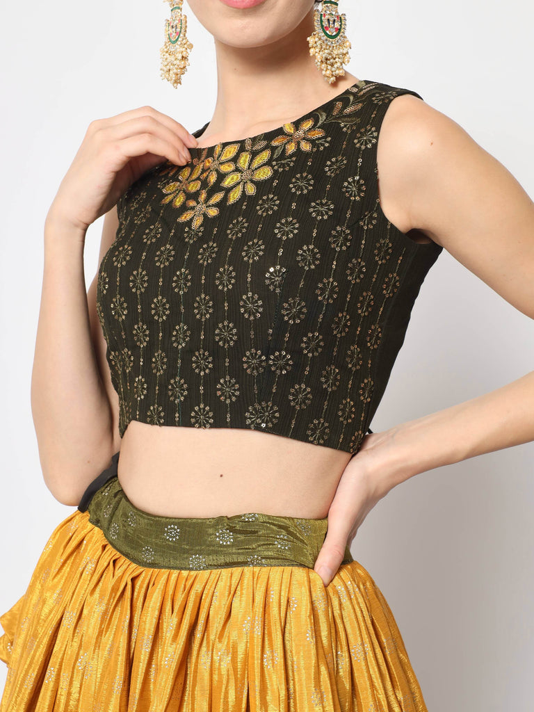 Ornate Olive Green Foil Printed Silk Lehenga Choli With Shrug