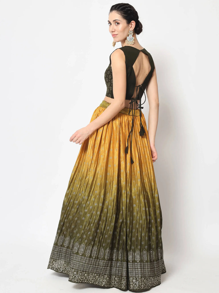 Ornate Olive Green Foil Printed Silk Lehenga Choli With Shrug