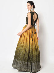 Ornate Olive Green Foil Printed Silk Lehenga Choli With Shrug