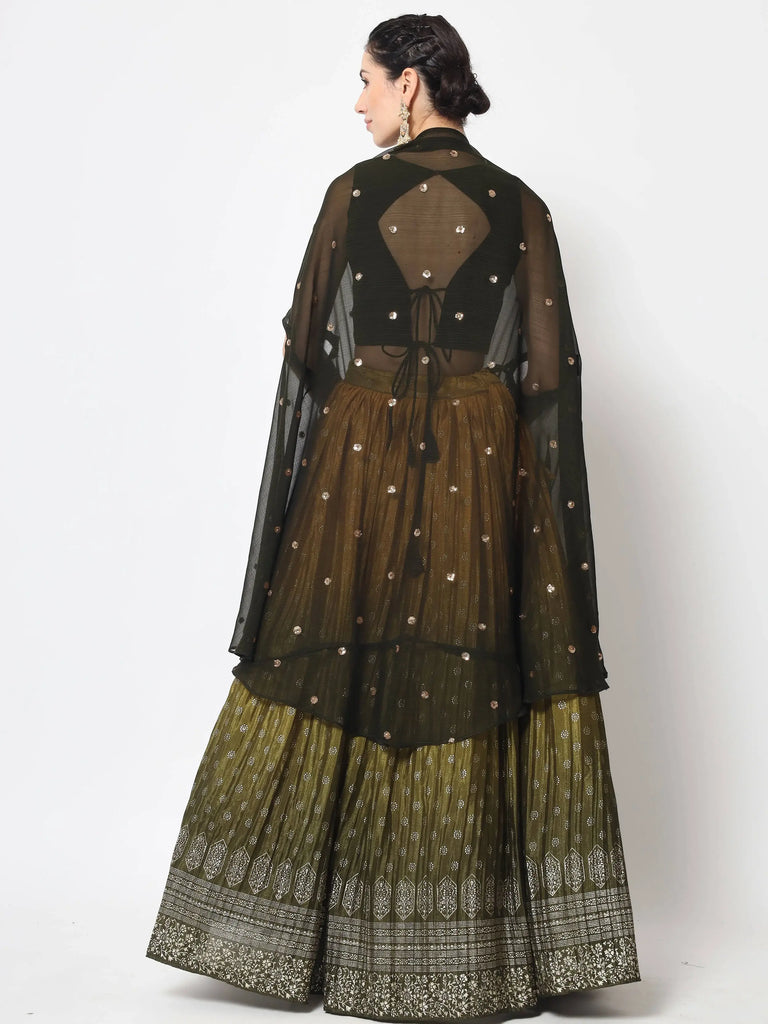 Ornate Olive Green Foil Printed Silk Lehenga Choli With Shrug