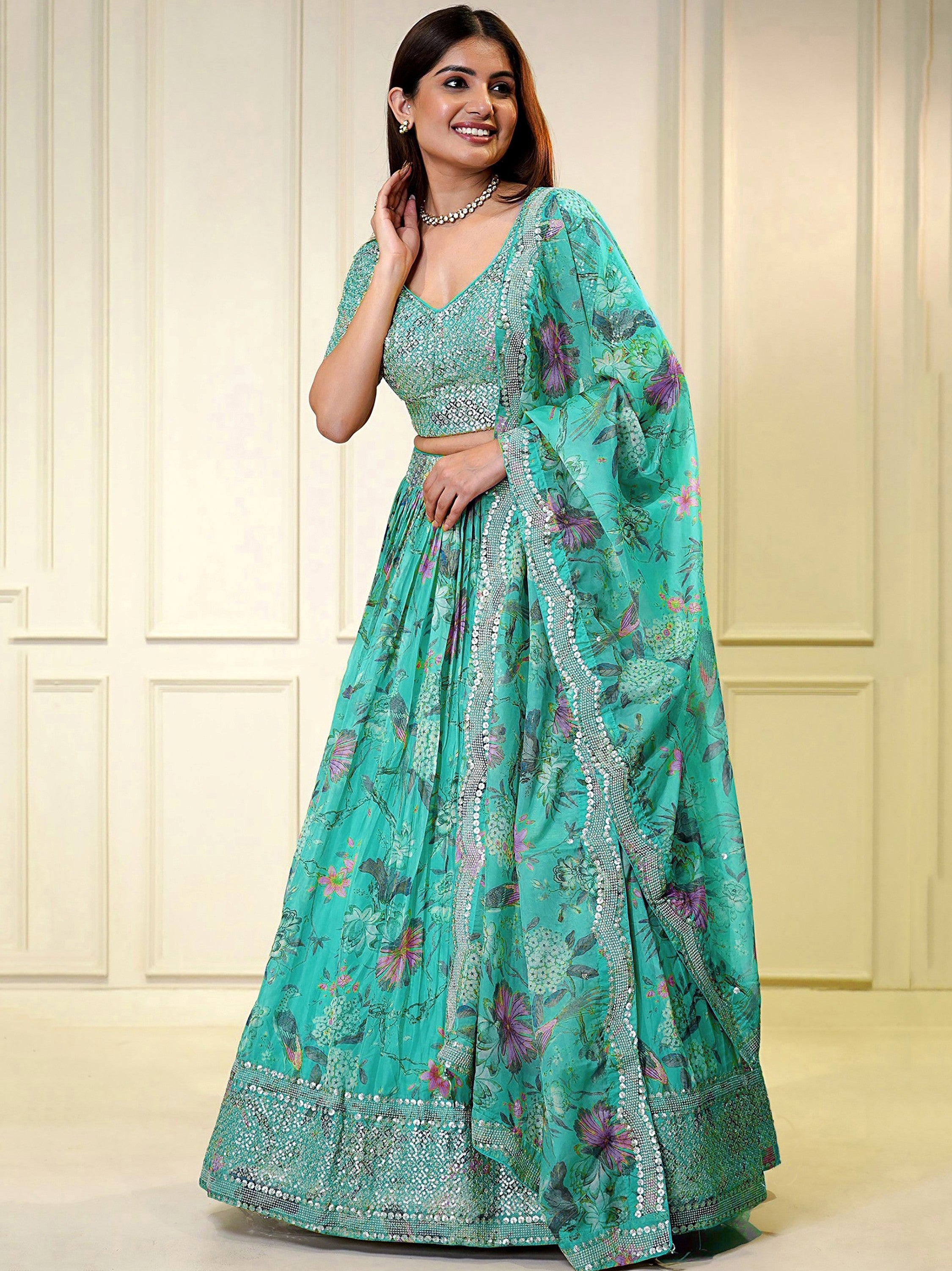 Dazzling Blue Printed Organza Wedding Wear Plus Size Lehenga Choli