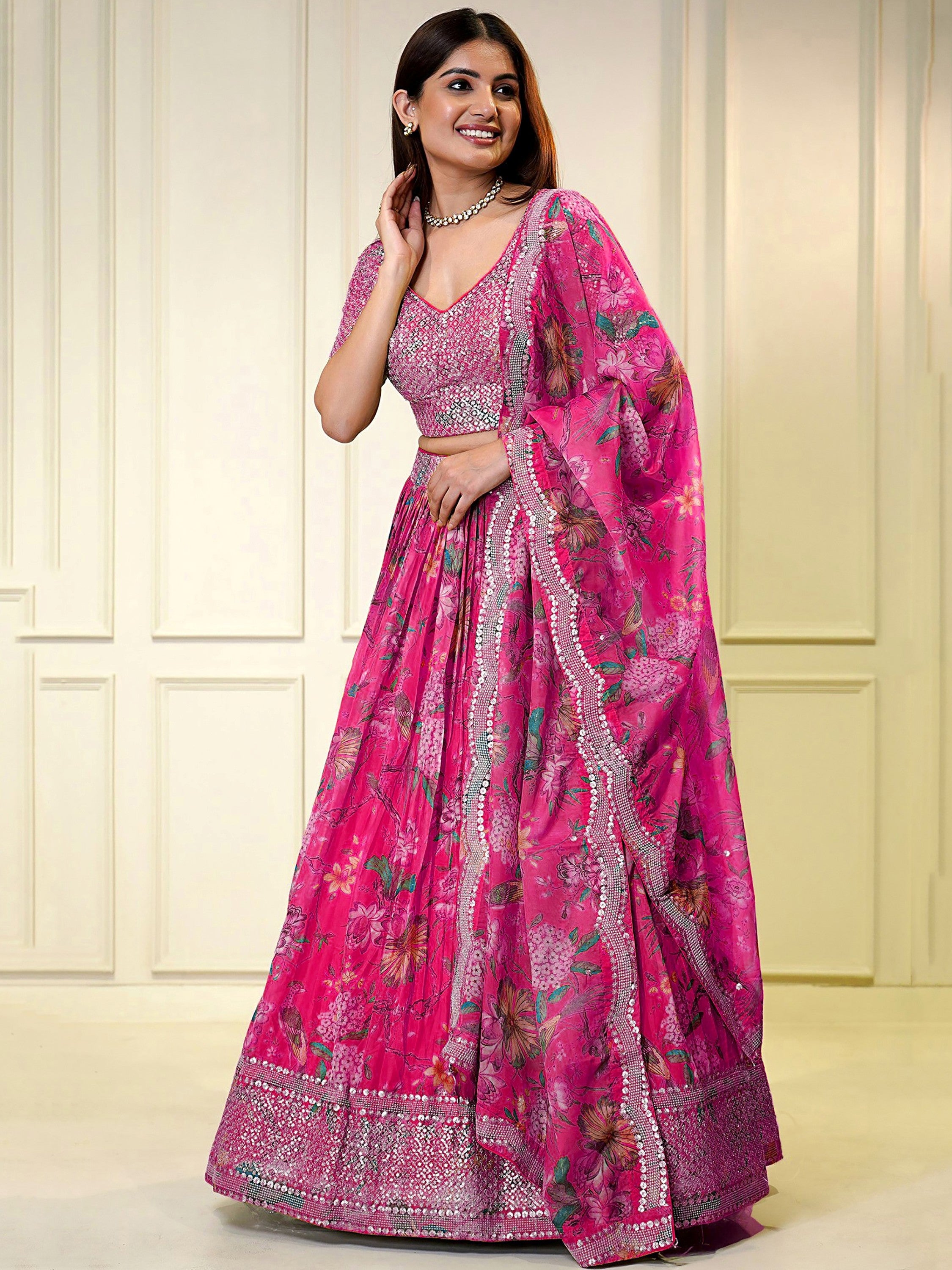 Impressive Pink Printed Organza Function Wear Plus Size Lehenga Choli