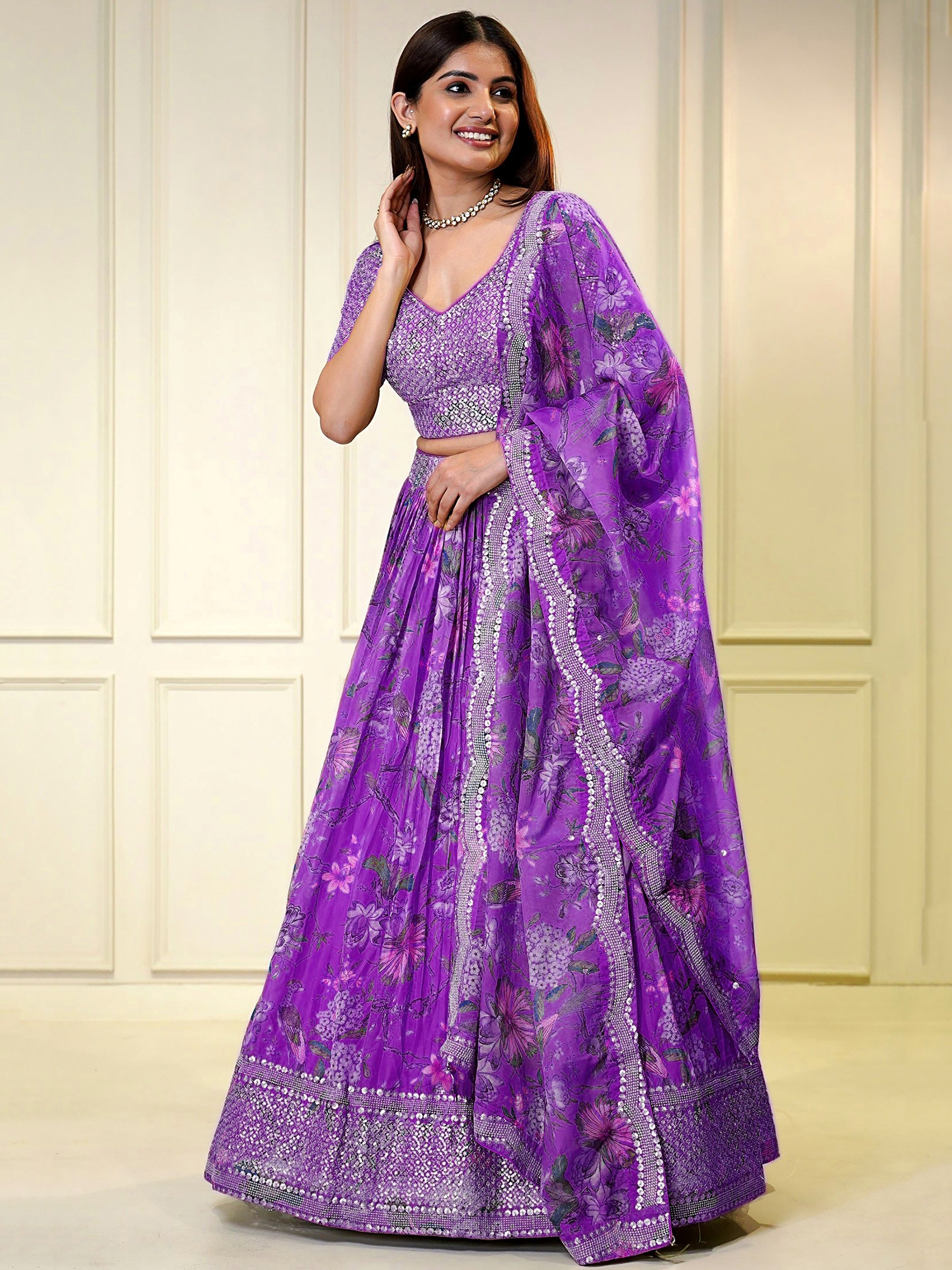 Great Purple Printed Organza Engagement Wear Plus Size Lehenga Choli