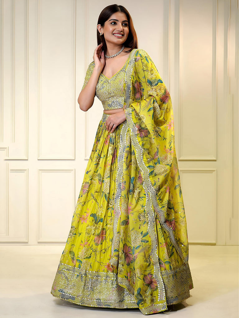 Fabulous Yellow Sequins Organza Haldi Wear Lehenga Choli With Dupatta