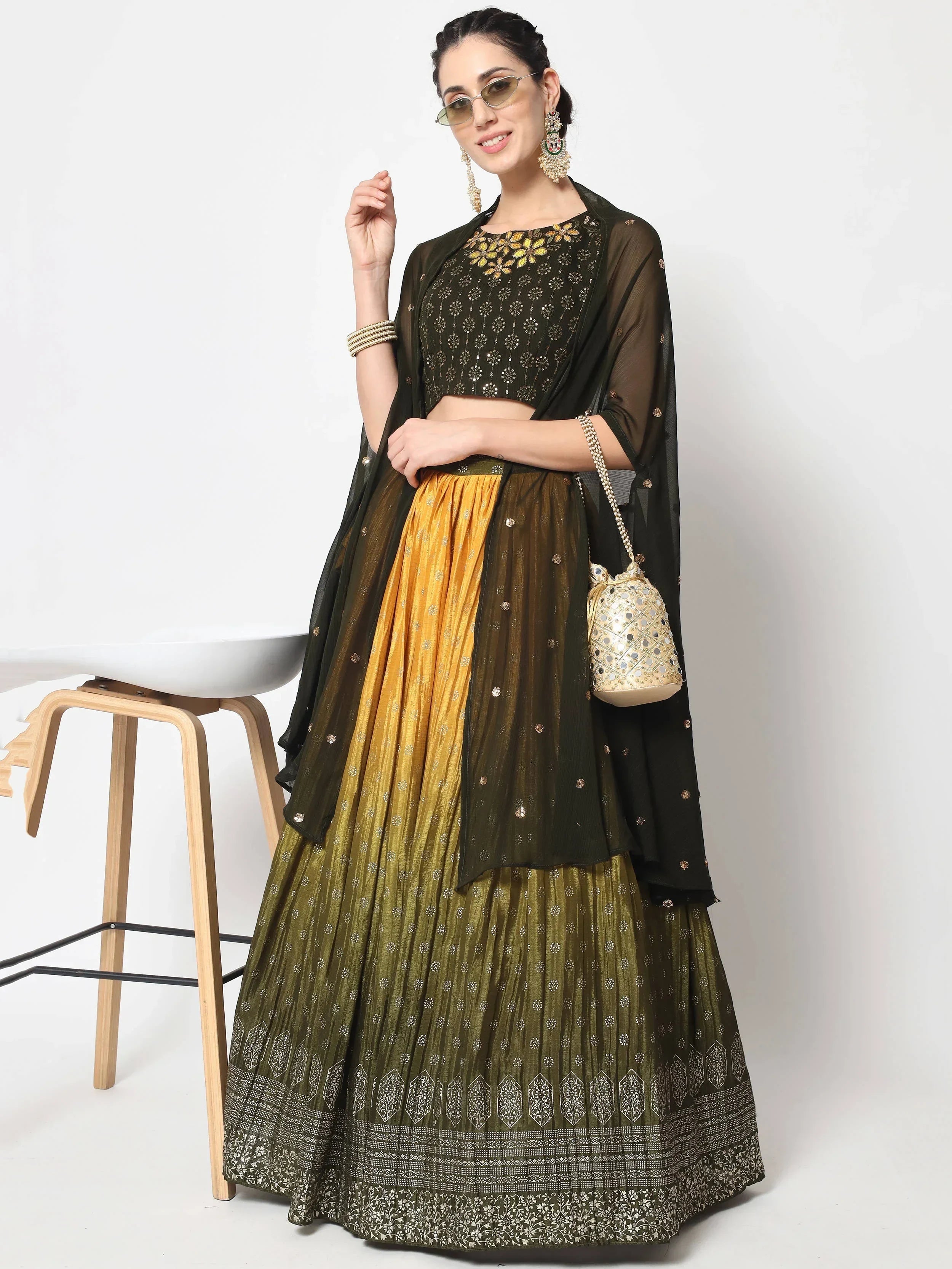 Ornate Olive Green Foil Printed Silk Lehenga Choli With Shrug