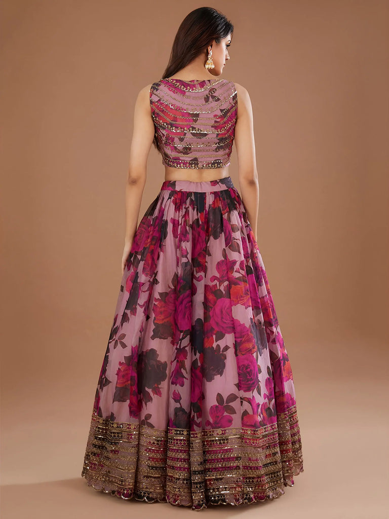 Adorable Pink Floral Printed Organza Bridesmaid Lehenga Choli