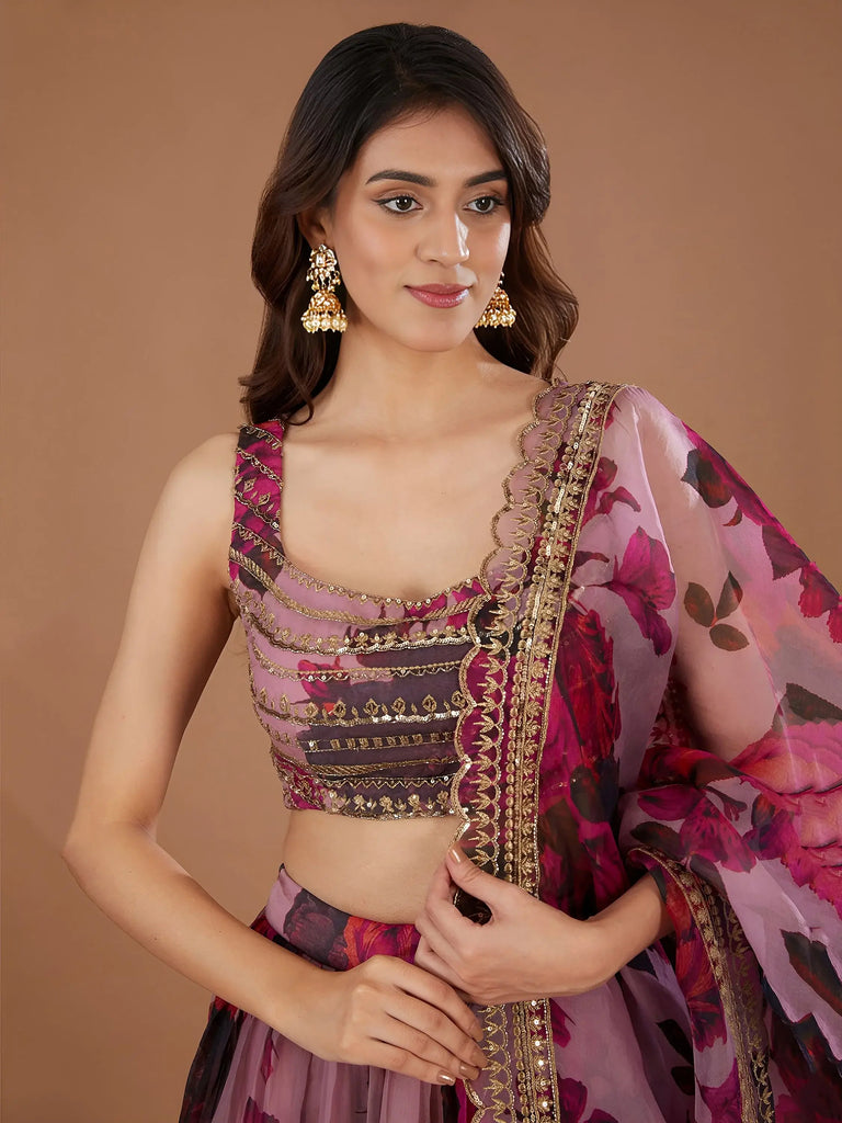 Adorable Pink Floral Printed Organza Bridesmaid Lehenga Choli