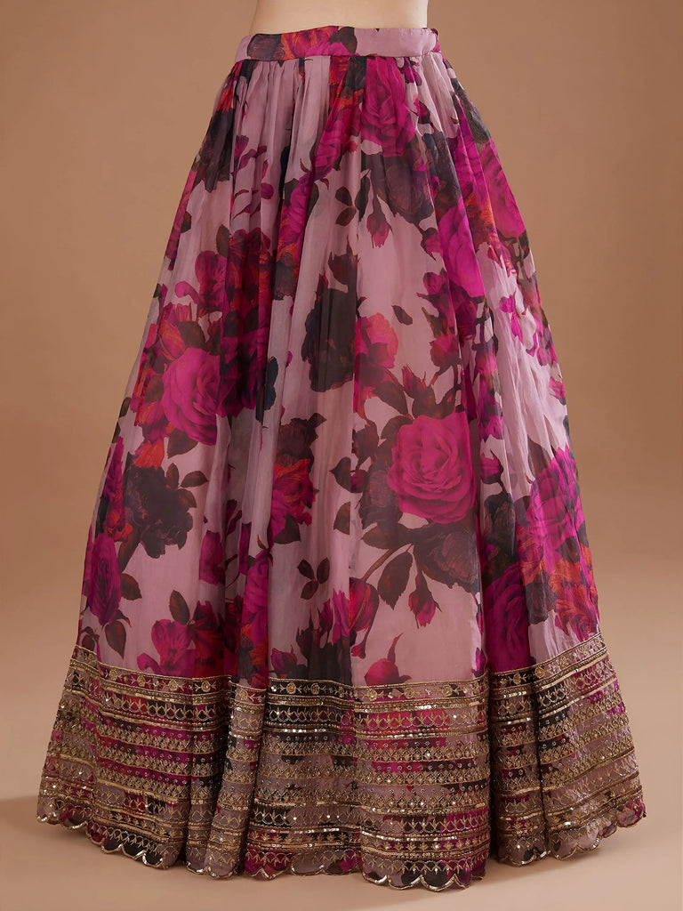 Adorable Pink Floral Printed Organza Bridesmaid Lehenga Choli