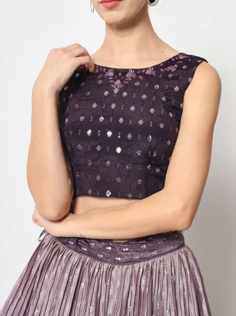 Purple embroidered crop top with pleated skirt, Indian ethnic wear