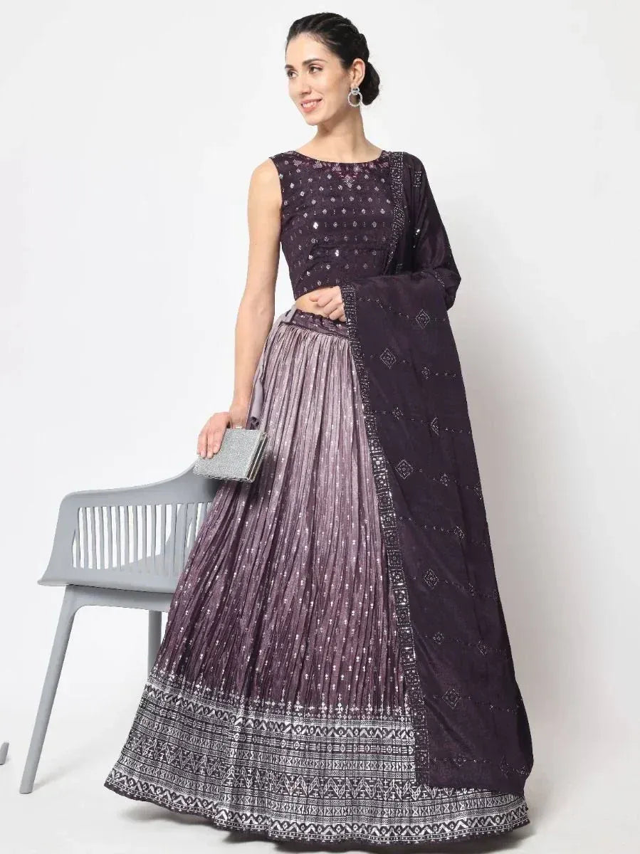 Elegant purple lehenga choli with embroidered dupatta, perfect for Indian ethnic occasions