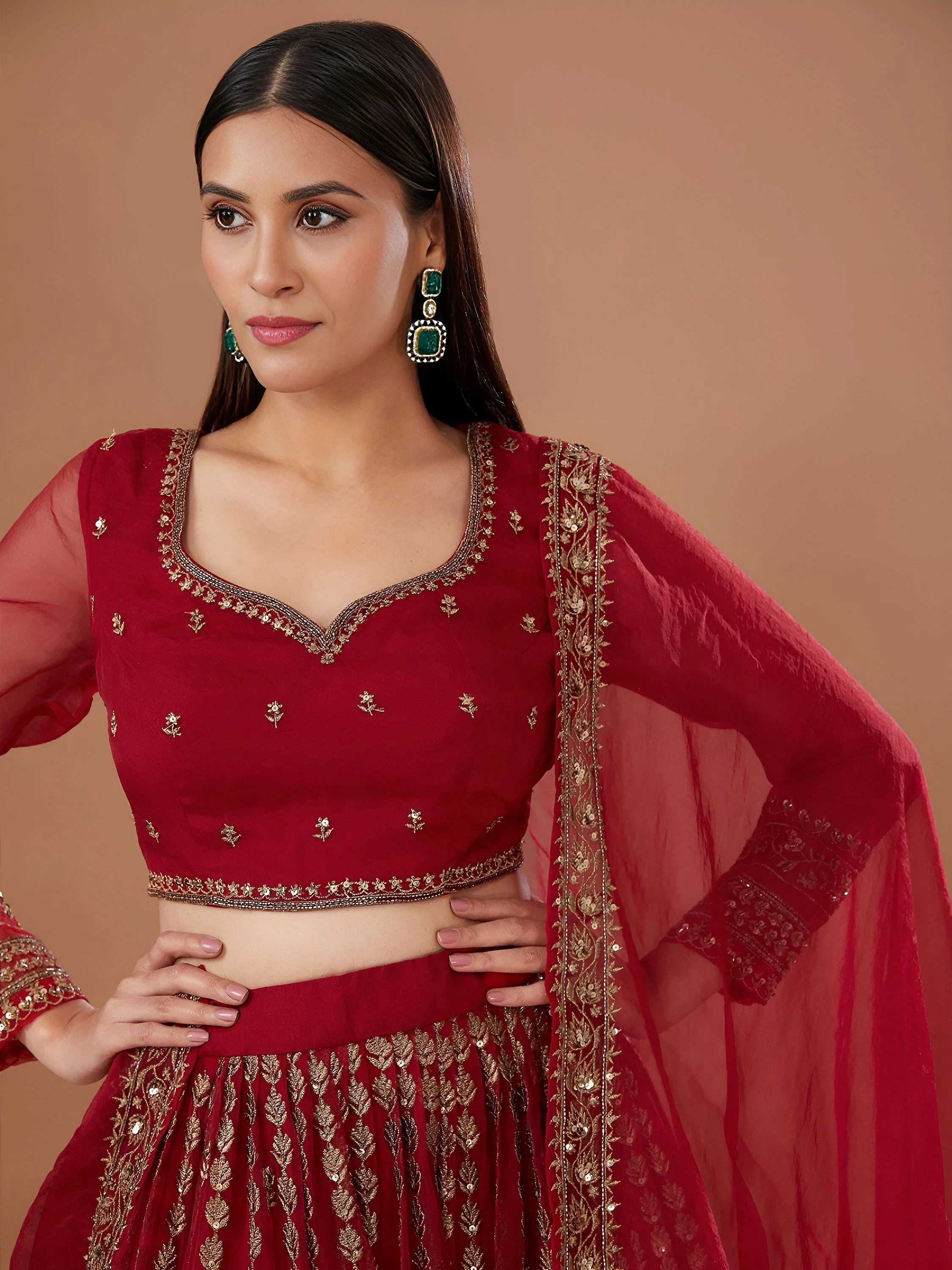 Fantastic Red Zari Embroidered Organza Wedding Lehenga Choli