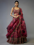 Gorgeous Coral Pink Floral Printed Organza Sangeet Wear Lehenga Choli