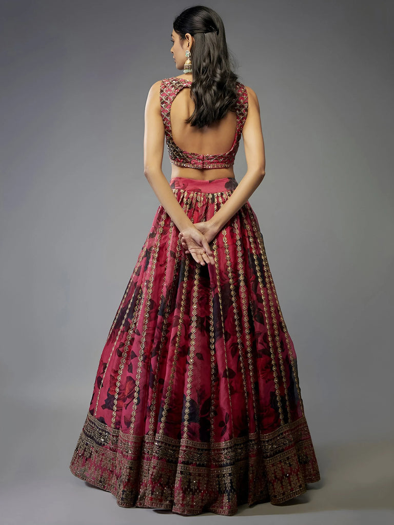Gorgeous Coral Pink Floral Printed Organza Sangeet Wear Lehenga Choli