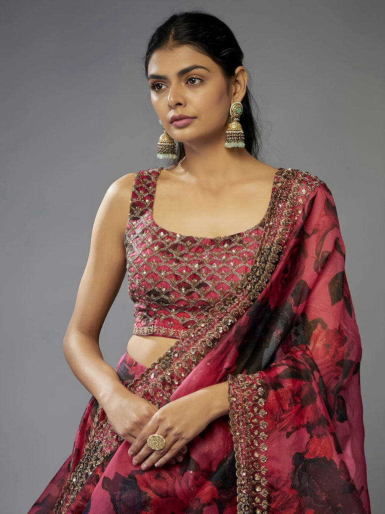 Gorgeous Coral Pink Floral Printed Organza Sangeet Wear Lehenga Choli