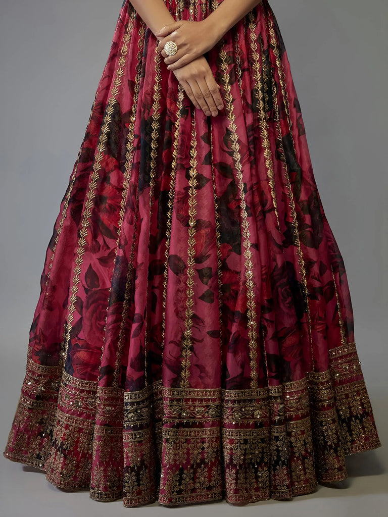Gorgeous Coral Pink Floral Printed Organza Sangeet Wear Lehenga Choli