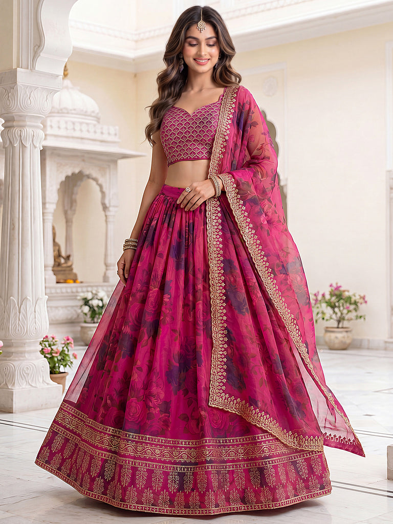 Great Pink Floral Printed Organza Bridesmaid Lehenga Choli With Dupatta