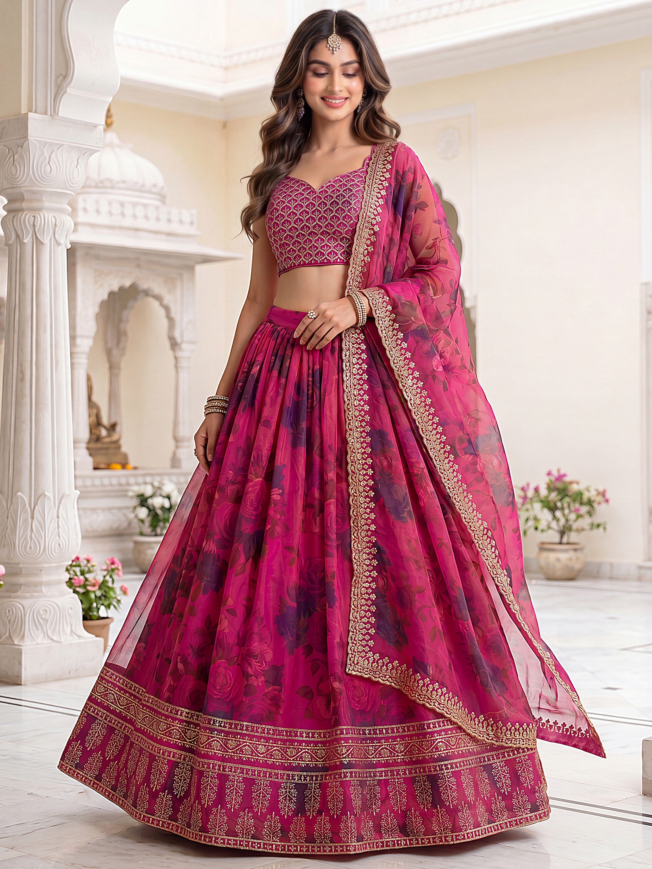 Great Pink Floral Printed Organza Bridesmaid Lehenga Choli With Dupatta