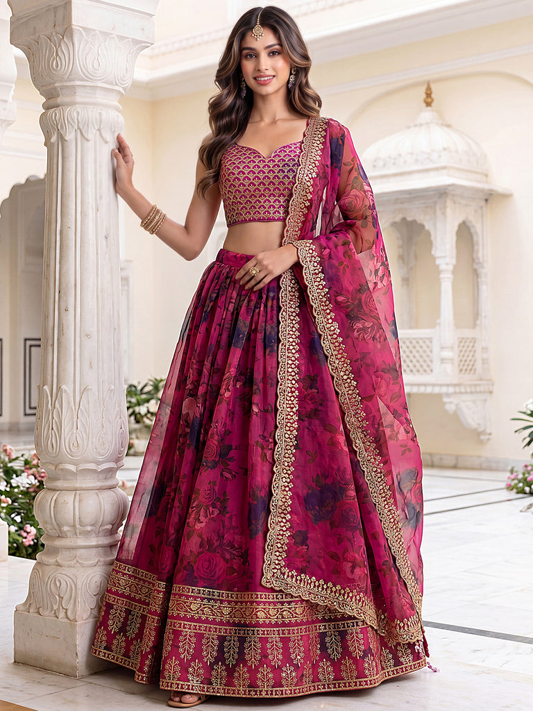 Great Pink Floral Printed Organza Bridesmaid Lehenga Choli With Dupatta
