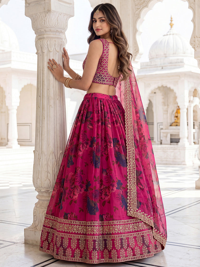 Great Pink Floral Printed Organza Bridesmaid Lehenga Choli With Dupatta