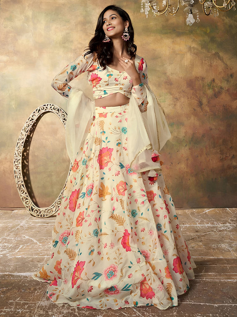 Enchanting Beige Floral Printed Organza Festival Wear Lehenga Choli