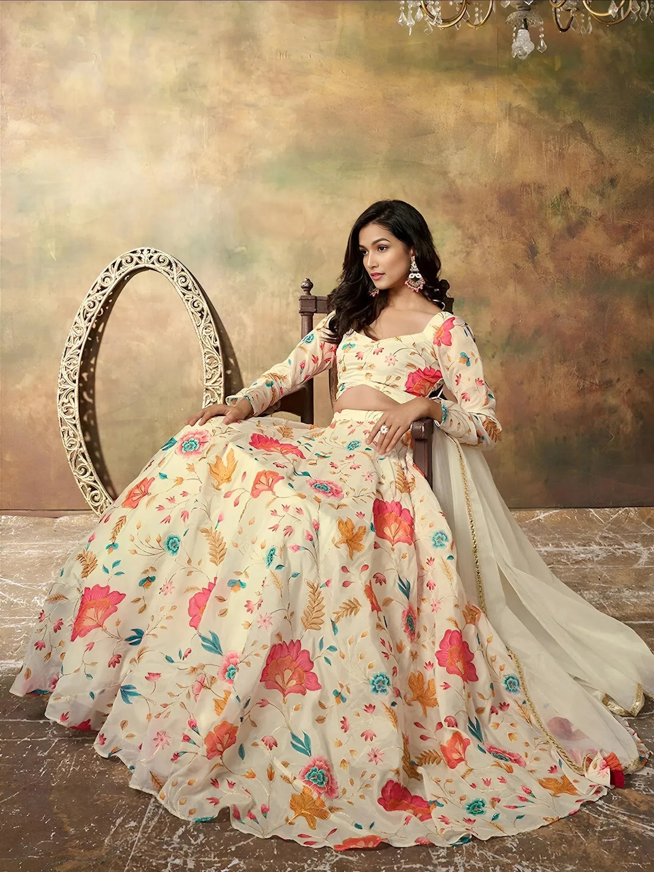 Enchanting Beige Floral Printed Organza Festival Wear Lehenga Choli