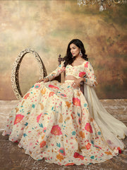 Enchanting Beige Floral Printed Organza Festival Wear Lehenga Choli