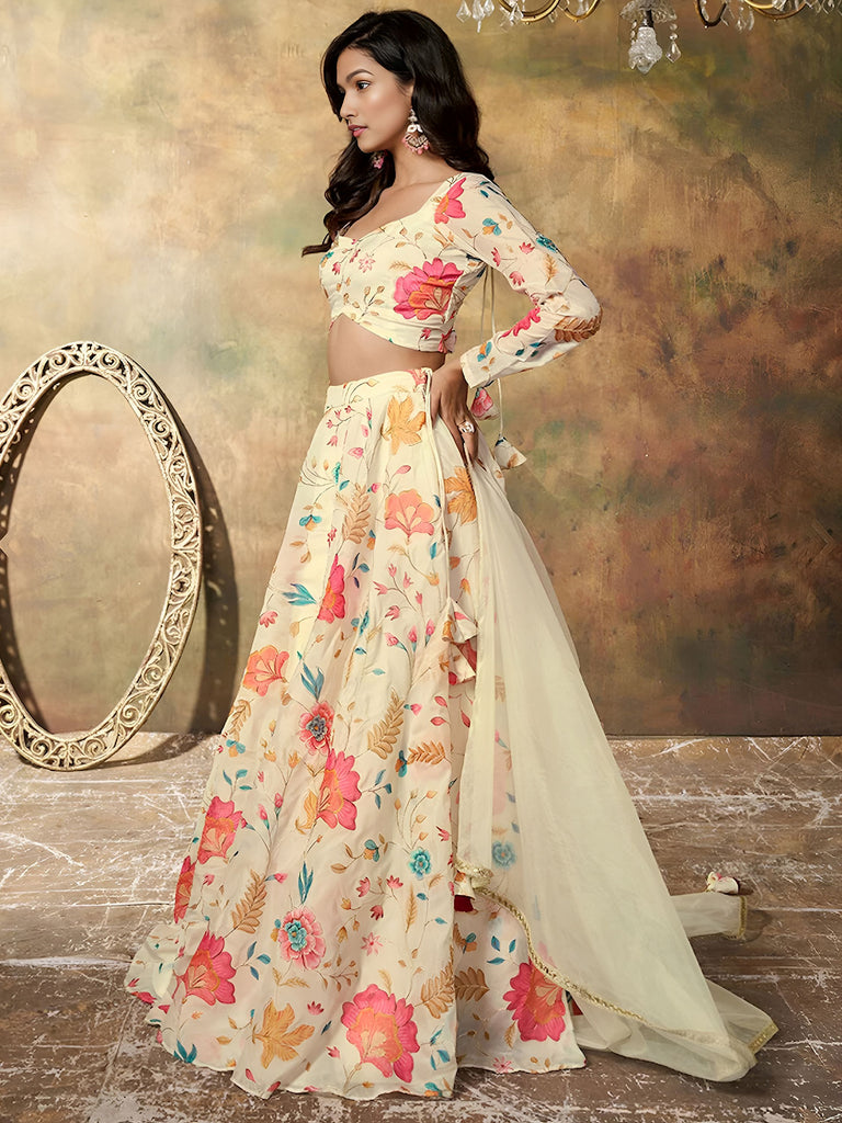 Enchanting Beige Floral Printed Organza Festival Wear Lehenga Choli