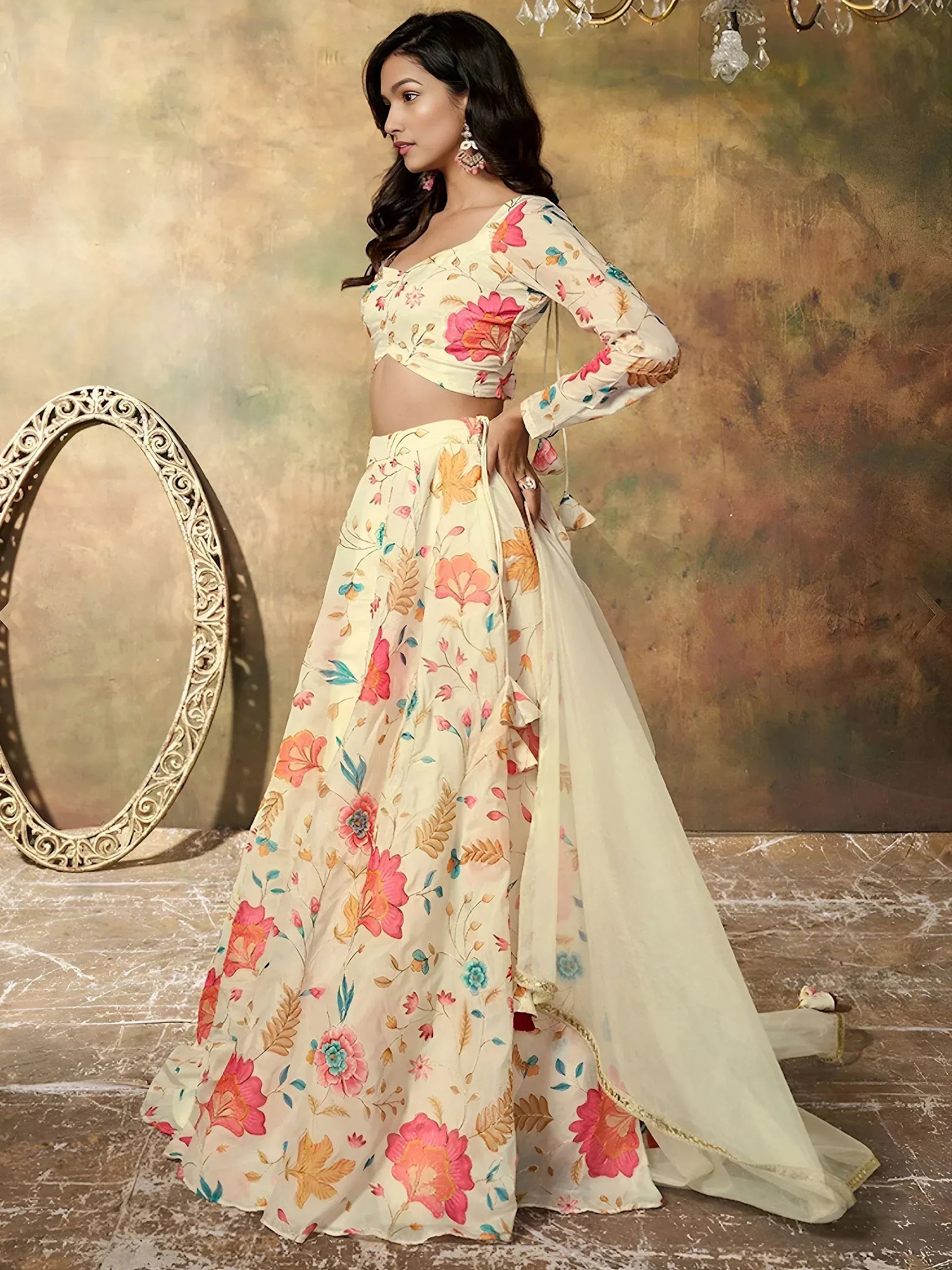 Enchanting Beige Floral Printed Organza Festival Wear Lehenga Choli