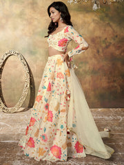 Enchanting Beige Floral Printed Organza Festival Wear Lehenga Choli