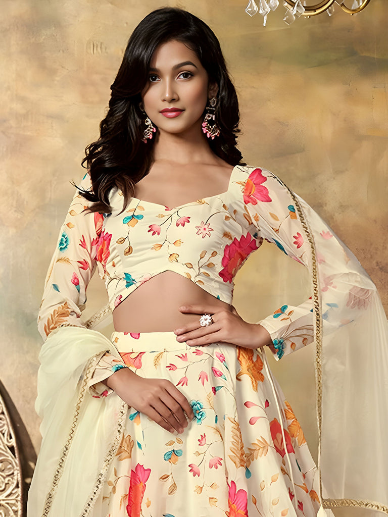 Enchanting Beige Floral Printed Organza Festival Wear Lehenga Choli