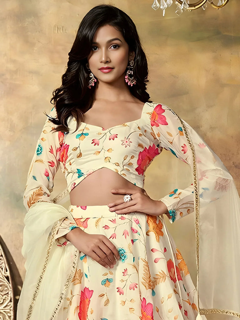 Enchanting Beige Floral Printed Organza Festival Wear Lehenga Choli