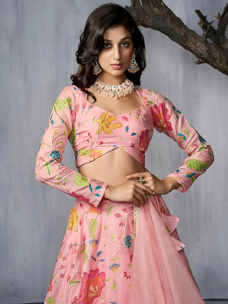 Fantastic Pink Floral Printed Organza Event Wear Lehenga Choli