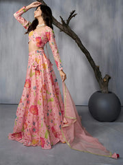 Fantastic Pink Floral Printed Organza Event Wear Lehenga Choli