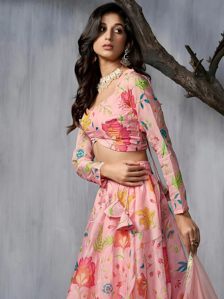 Fantastic Pink Floral Printed Organza Event Wear Lehenga Choli
