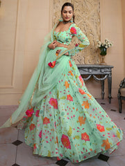 Outstanding Green Floral Printed Organza Lehenga Choli With Dupatta