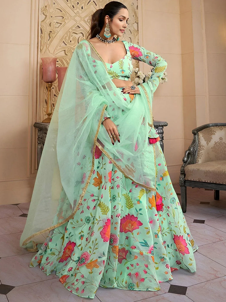 Outstanding Green Floral Printed Organza Lehenga Choli With Dupatta