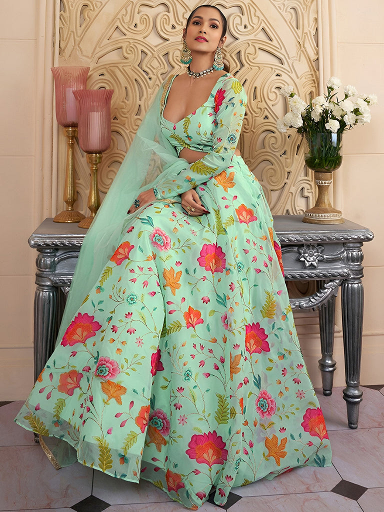 Outstanding Green Floral Printed Organza Lehenga Choli With Dupatta